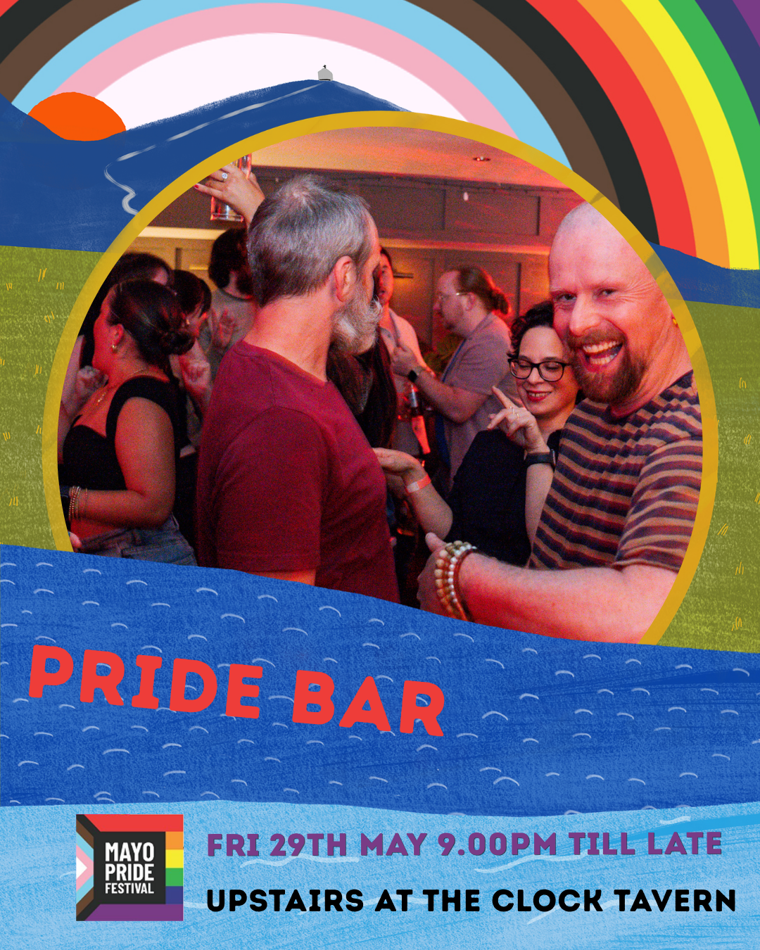Promotional poster for a Pride event at the Clock Tavern with people celebrating and rainbow colors.